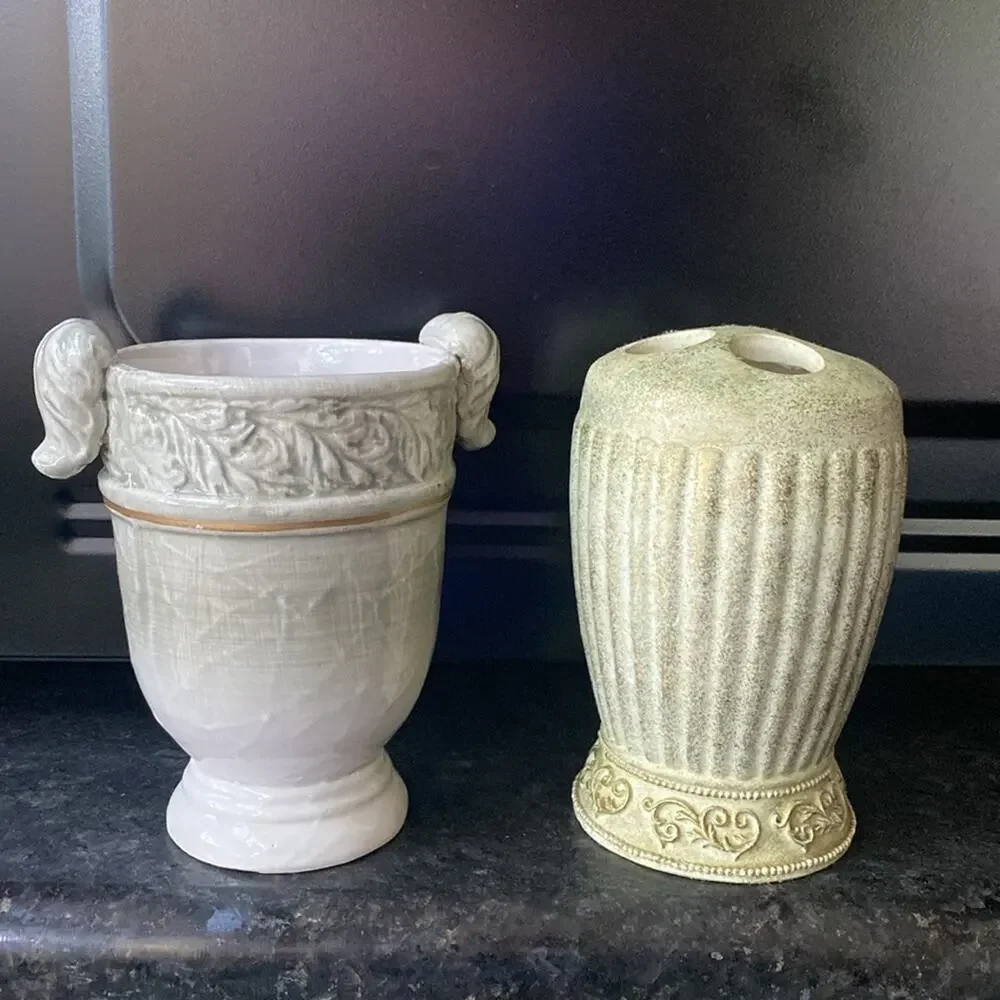 Chateau gold and Sage green bathroom toothbrush holder and cup‎ vase